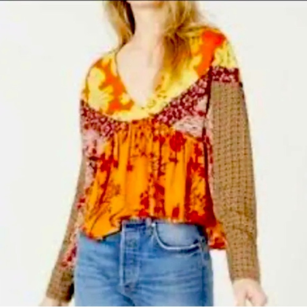 NWT ($128)Free People Medium Aloha State of Mind Patchwork Blouse Top/Boho